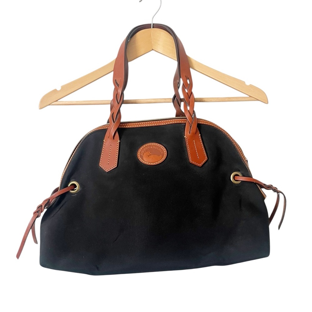 Dooney & Bourke Black Nylon Large Domed Satchel Bag with Brown Leather Trim